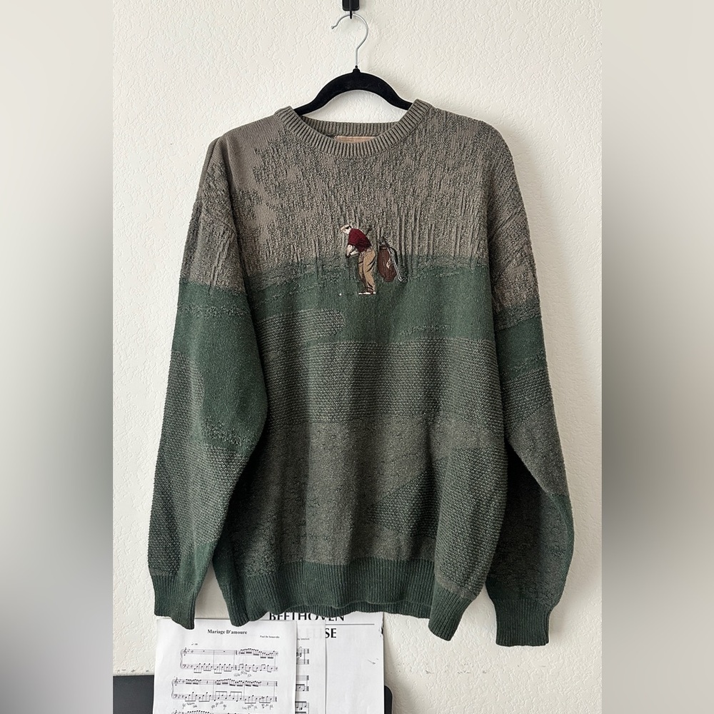 Vintage 90s Golf Sweater Embroidered Knit Crewneck Green Brown Colorblock L